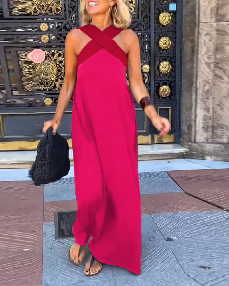 Ondetta | Women's Elegant Cross-Neck Maxi Dress — Rose Red
