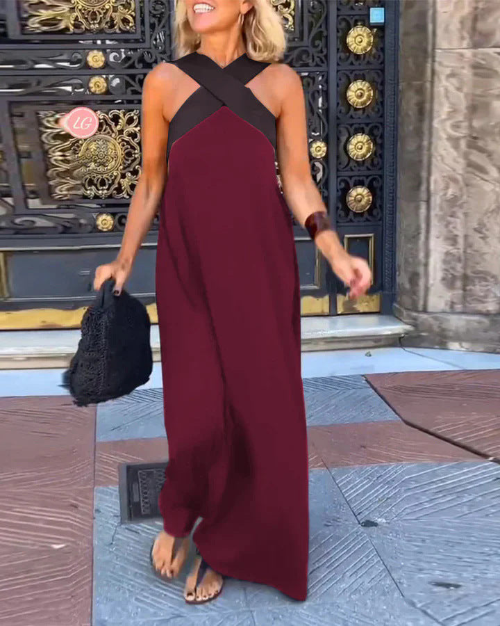 Ondetta | Women's Elegant Cross-Neck Maxi Dress — Wine Red