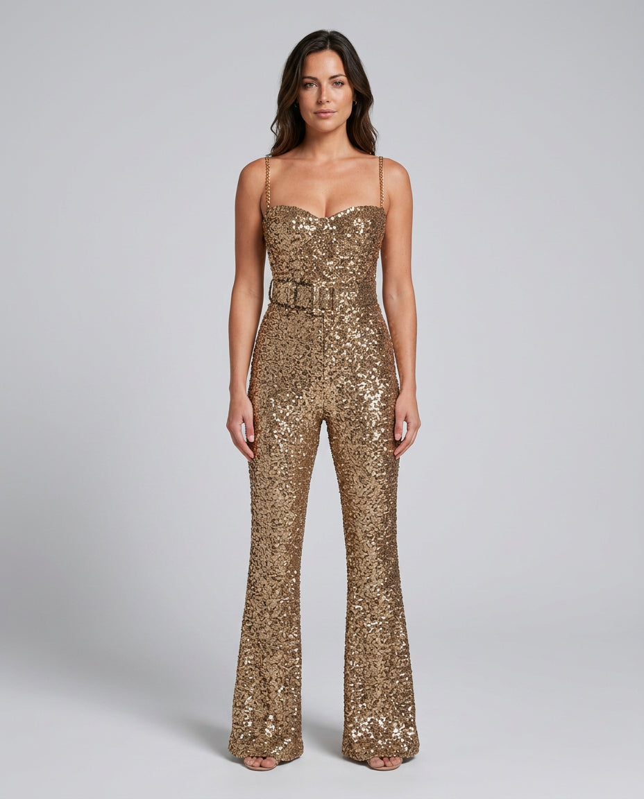 Ophelia | Women's Wide-Leg Elegant Sequin Jumpsuit with Flared Trousers — Gold