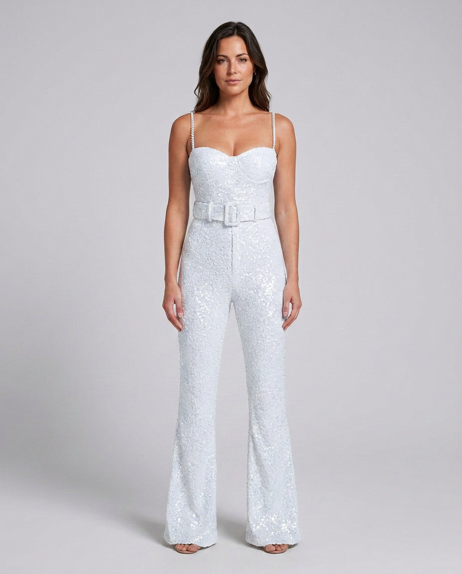Ophelia | Women's Wide-Leg Elegant Sequin Jumpsuit with Flared Trousers — White
