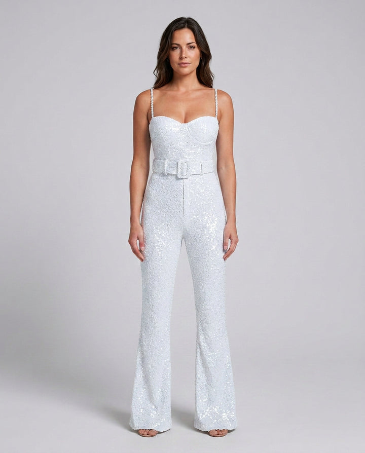 Ophelia | Women's Wide-Leg Elegant Sequin Jumpsuit with Flared Trousers — White