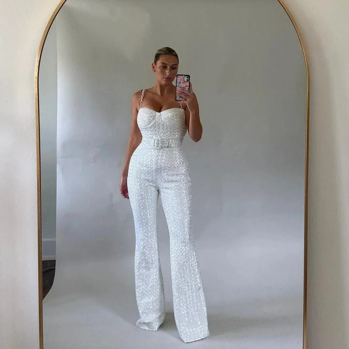 Oriaora | Women's Elegant Glamorous Sequin Wide-Leg Jumpsuit — White