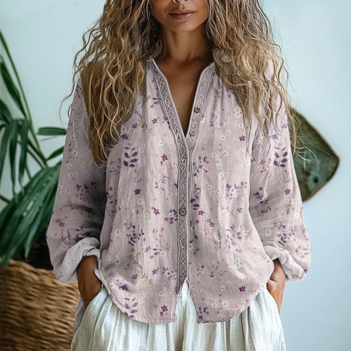 Oriastine | Women's Relaxed Casual Linen Floral Button-Up Blouse — 2