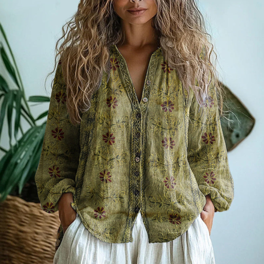 Oriastine | Women's Relaxed Casual Linen Floral Button-Up Blouse — Light Olive Green