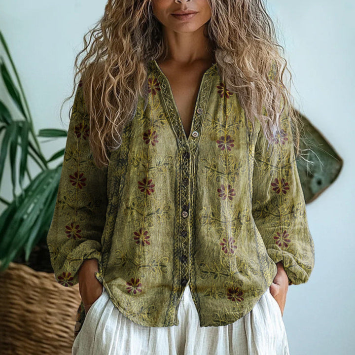 Oriastine | Women's Relaxed Casual Linen Floral Button-Up Blouse — Light Olive Green