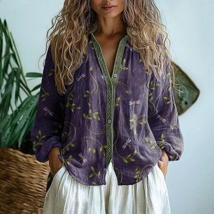 Oriastine | Women's Relaxed Casual Linen Floral Button-Up Blouse — Purple