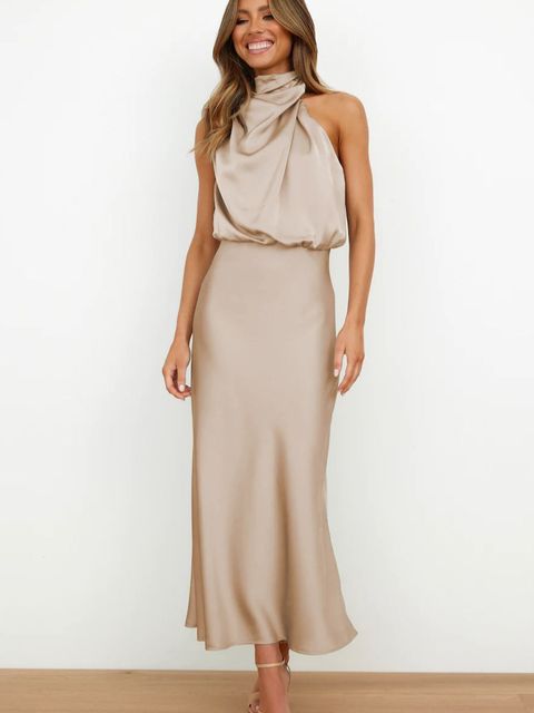 Ottilbelle | Women's Elegant Halter Cocktail Dress — Khaki