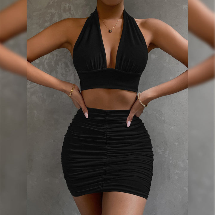 Ottilvanne | Women's Matching Two-Piece Set Sage Green Halter Ruched Mini Skirt for — Black