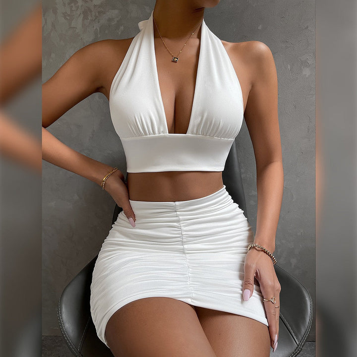 Ottilvanne | Women's Matching Two-Piece Set Sage Green Halter Ruched Mini Skirt for — White