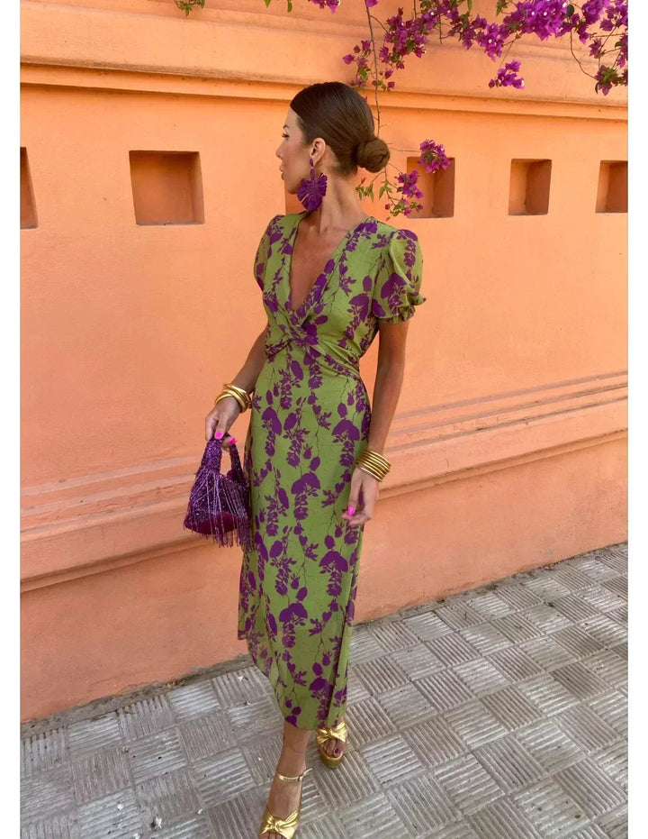 Perlabelle | Women's Elegant Boho V-Neck Floral Pleated Dress — 2