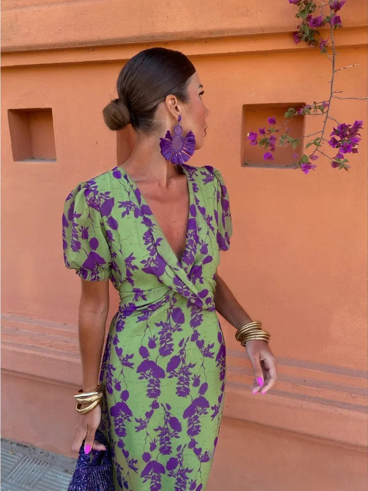 Perlabelle | Women's Elegant Boho V-Neck Floral Pleated Dress — Green