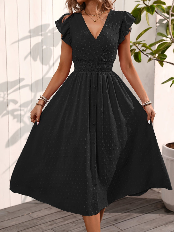 Perlalia | Women's Elegant Polka Dot Midi Dress with Ruffle Sleeves and Smocked Waist — Black