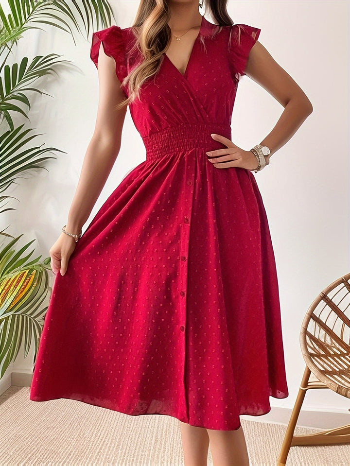 Perlalia | Women's Elegant Polka Dot Midi Dress with Ruffle Sleeves and Smocked Waist — 2