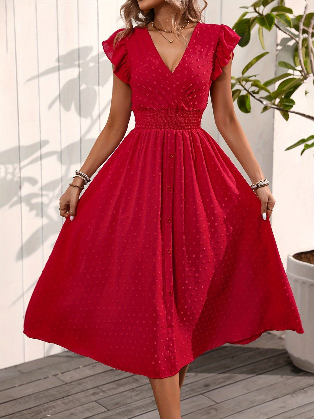 Perlalia | Women's Elegant Polka Dot Midi Dress with Ruffle Sleeves and Smocked Waist — Red