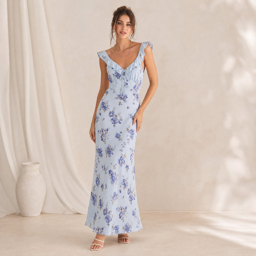 Perlaoura | Women's Elegant Floral Sleeveless Wedding Guest Dress — Blue