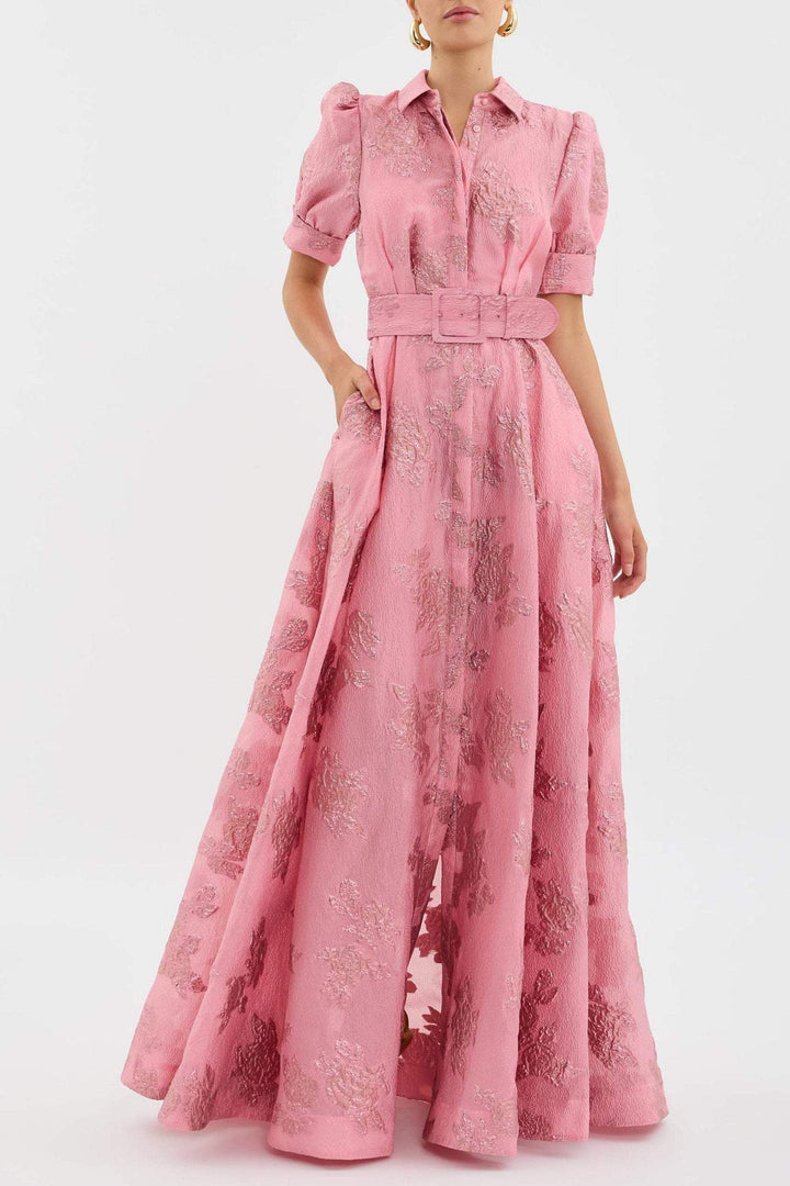 Perlastine | Women's Elegant Pink Floral Belted Midi Dress | Wedding Guest Vintage Dress — 1