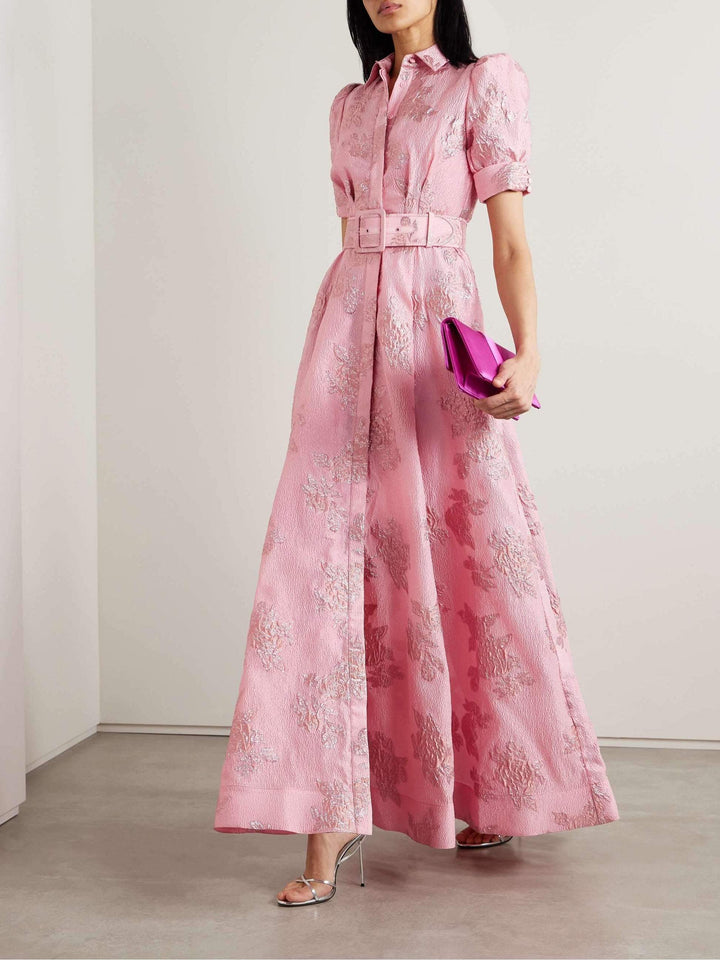 Perlastine | Women's Elegant Pink Floral Belted Midi Dress | Wedding Guest Vintage Dress — L