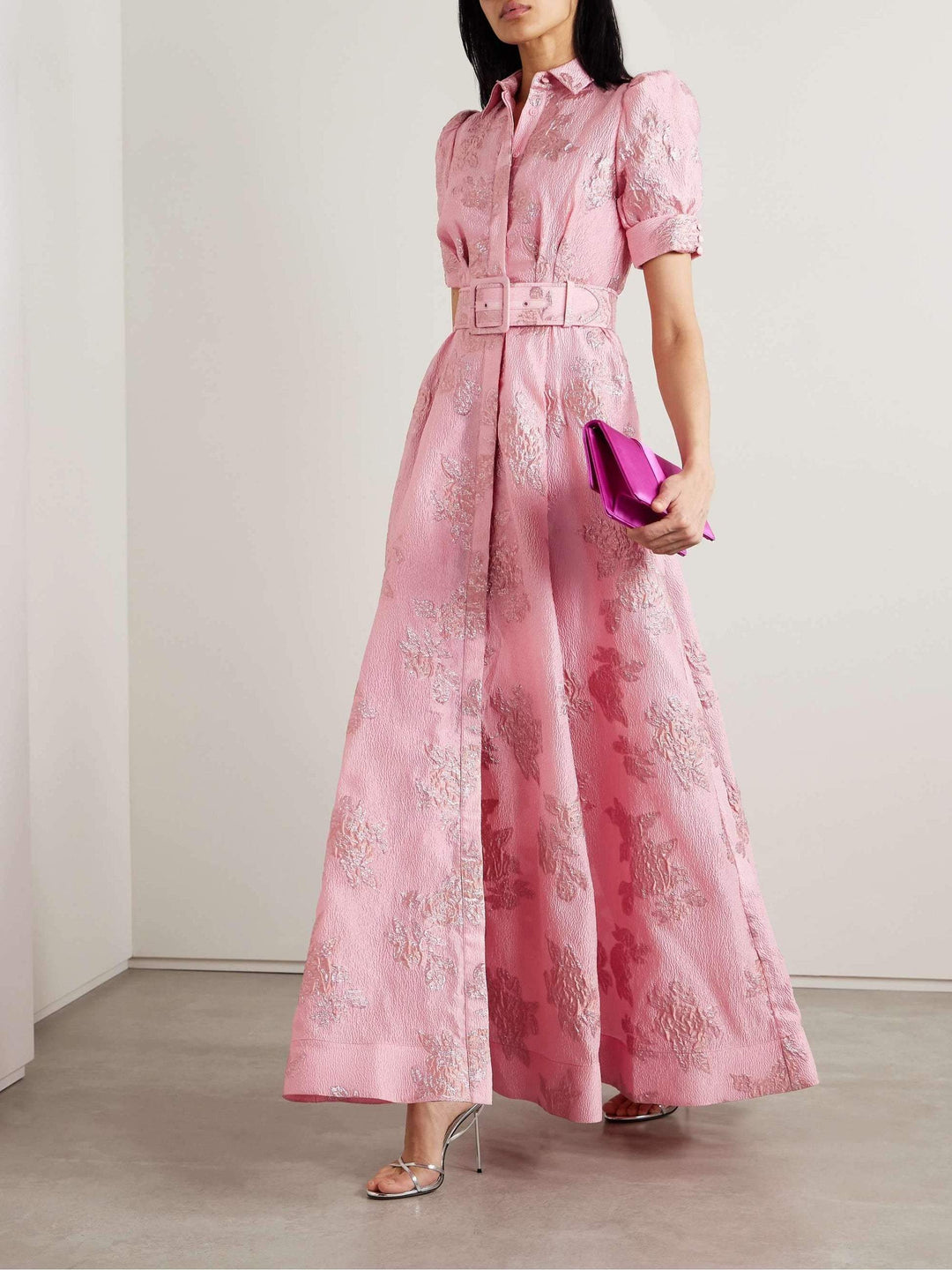 Perlastine | Women's Elegant Pink Floral Belted Midi Dress | Wedding Guest Vintage Dress — XL