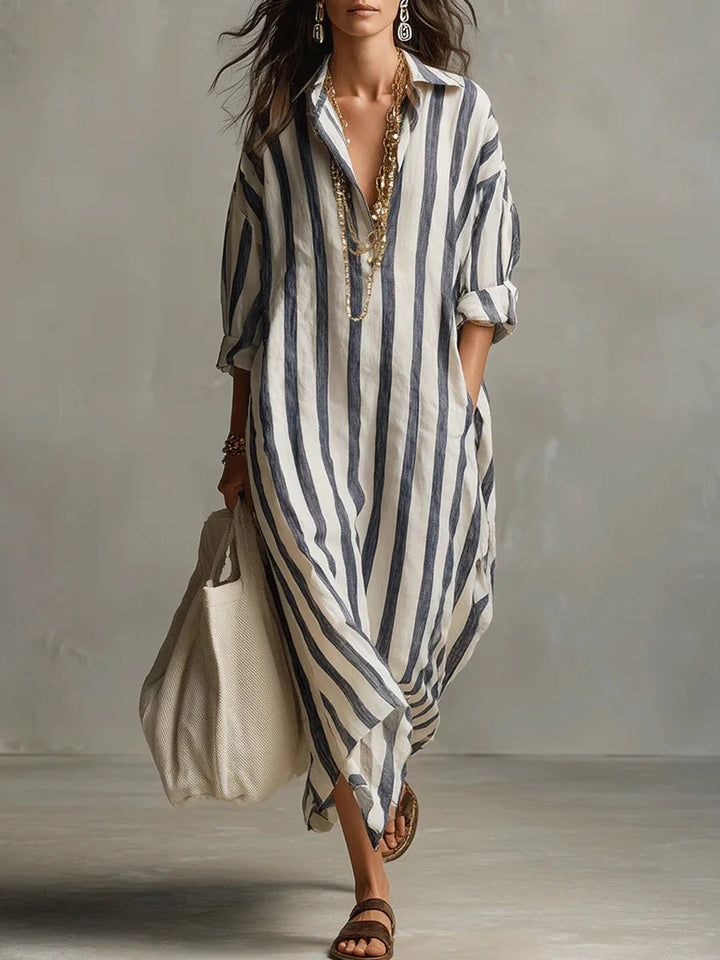 Perlnova | Women's Long Shirt Linen Dress with Buttons and Pockets — Blue