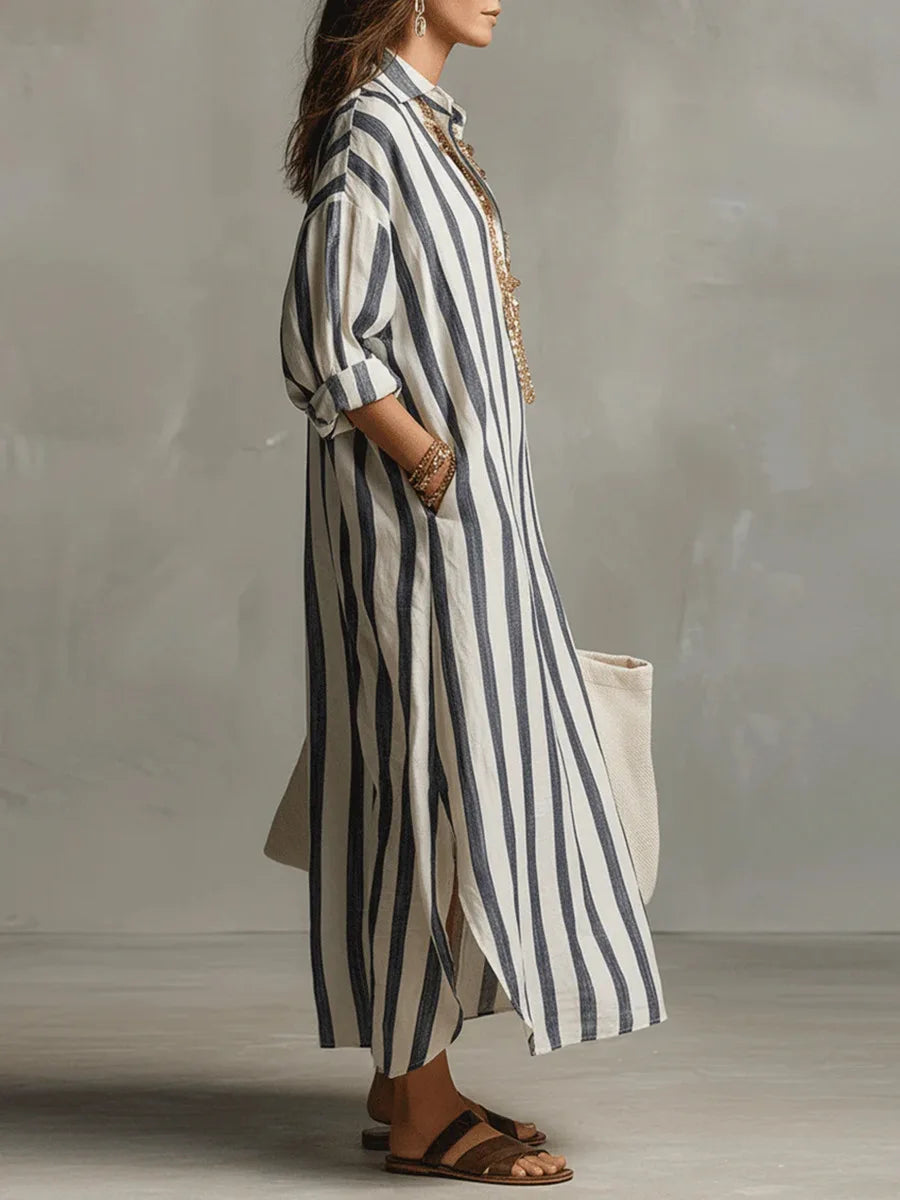 Perlnova | Women's Long Shirt Linen Dress with Buttons and Pockets — 2
