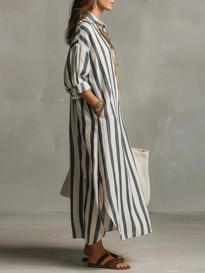 Perlnova | Women's Long Shirt Linen Dress with Buttons and Pockets — 2