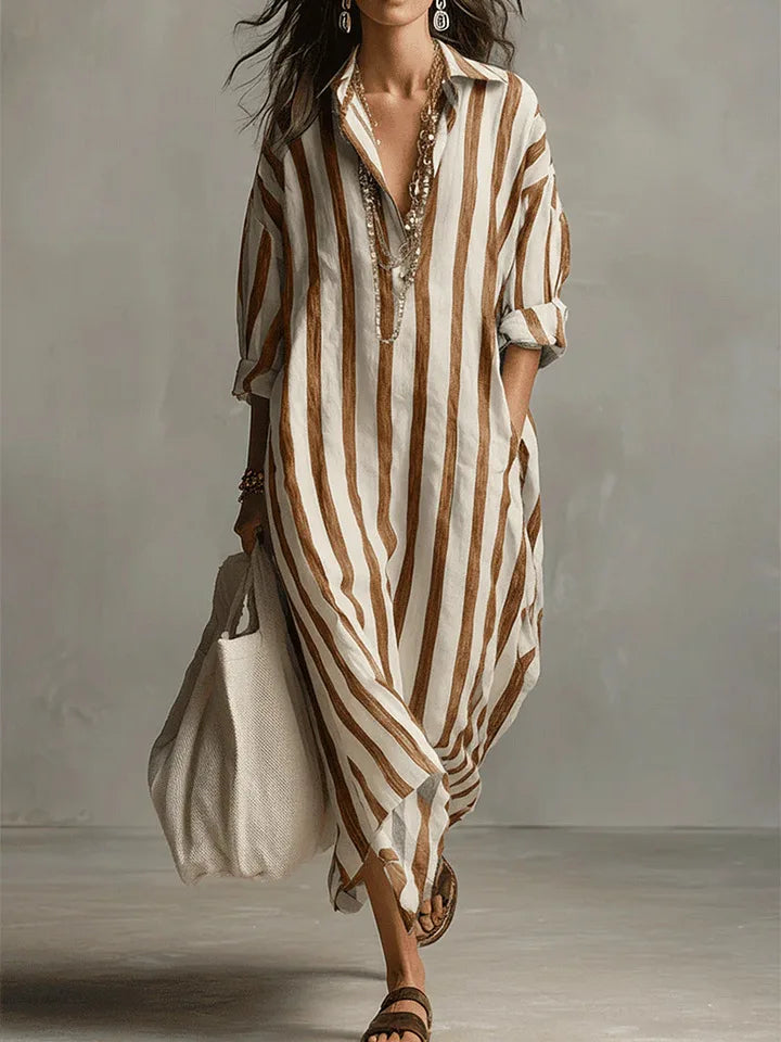 Perlnova | Women's Long Shirt Linen Dress with Buttons and Pockets — Earthy Yellow
