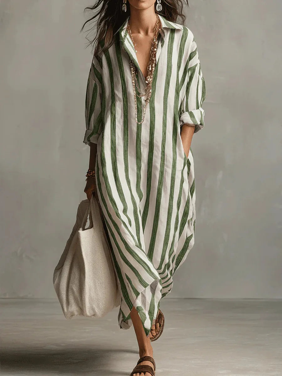 Perlnova | Women's Long Shirt Linen Dress with Buttons and Pockets — Green
