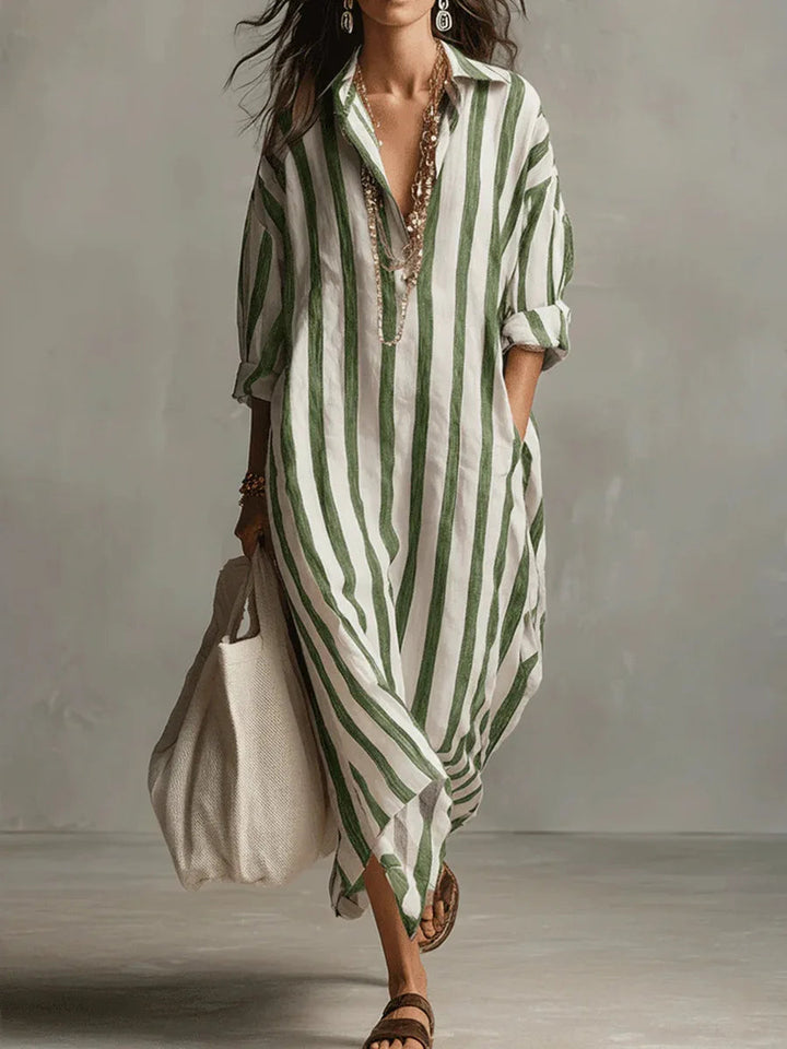 Perlnova | Women's Long Shirt Linen Dress with Buttons and Pockets — Green