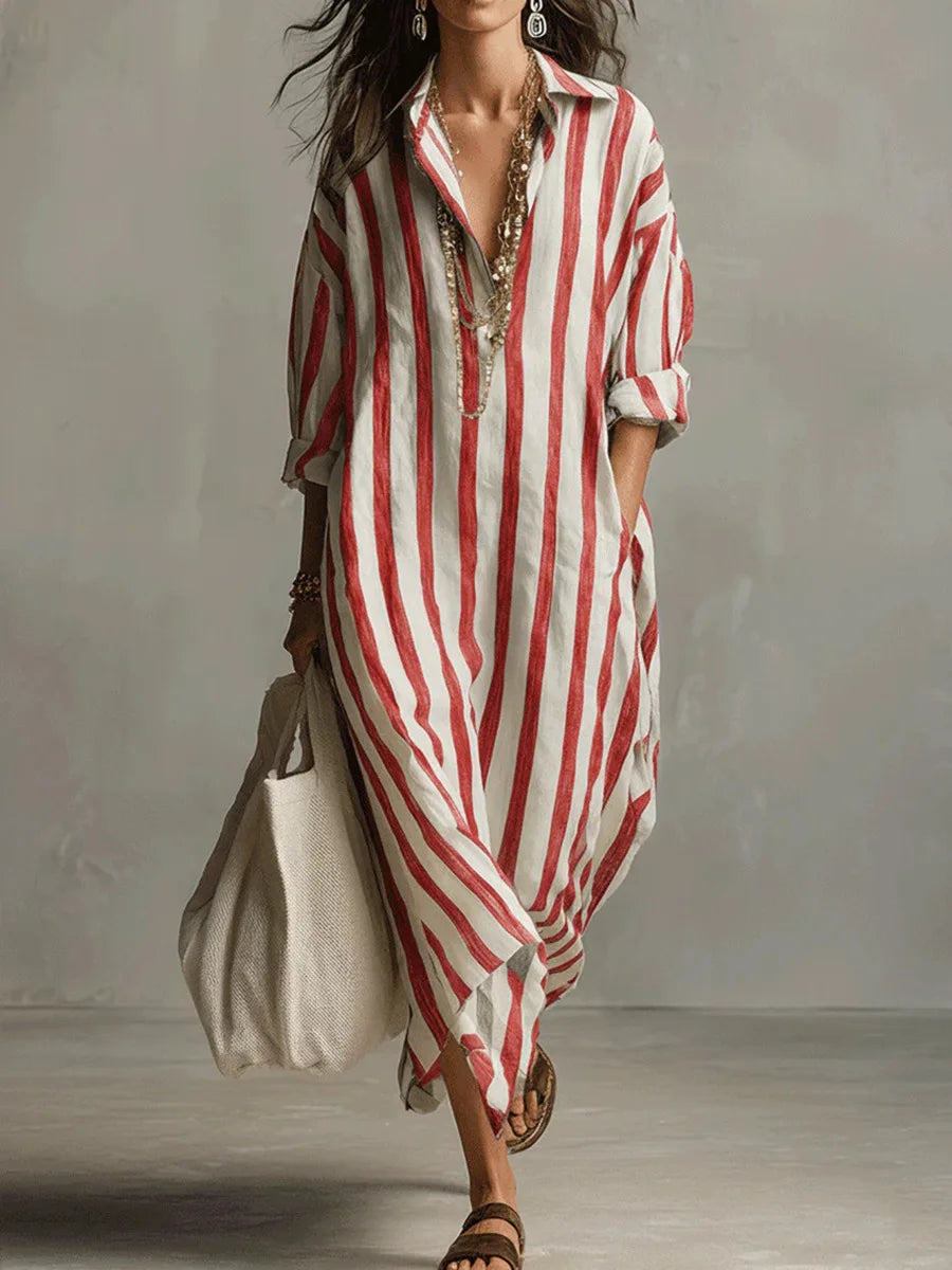 Perlnova | Women's Long Shirt Linen Dress with Buttons and Pockets — Red