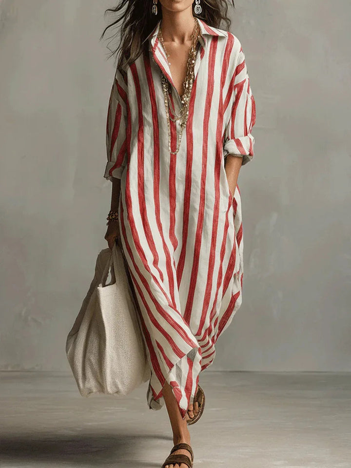 Perlnova | Women's Long Shirt Linen Dress with Buttons and Pockets — Red