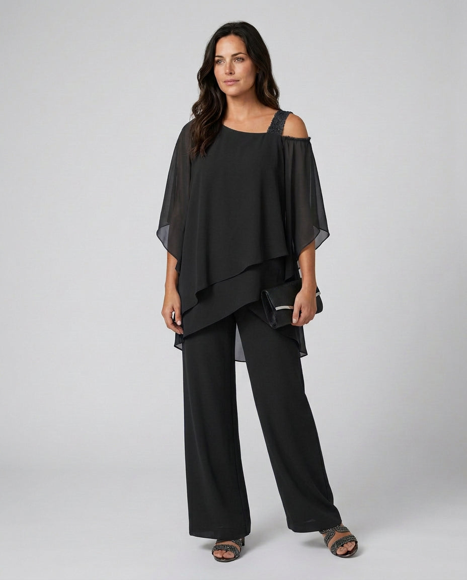 Petra | Women's Wide-Leg Elegant Two-Piece Cold Shoulder Jumpsuit with Straight-Leg Trousers — Black