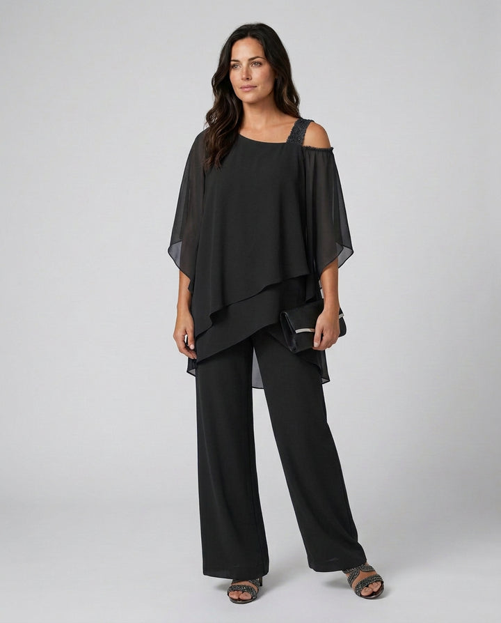 Petra | Women's Wide-Leg Elegant Two-Piece Cold Shoulder Jumpsuit with Straight-Leg Trousers — Black