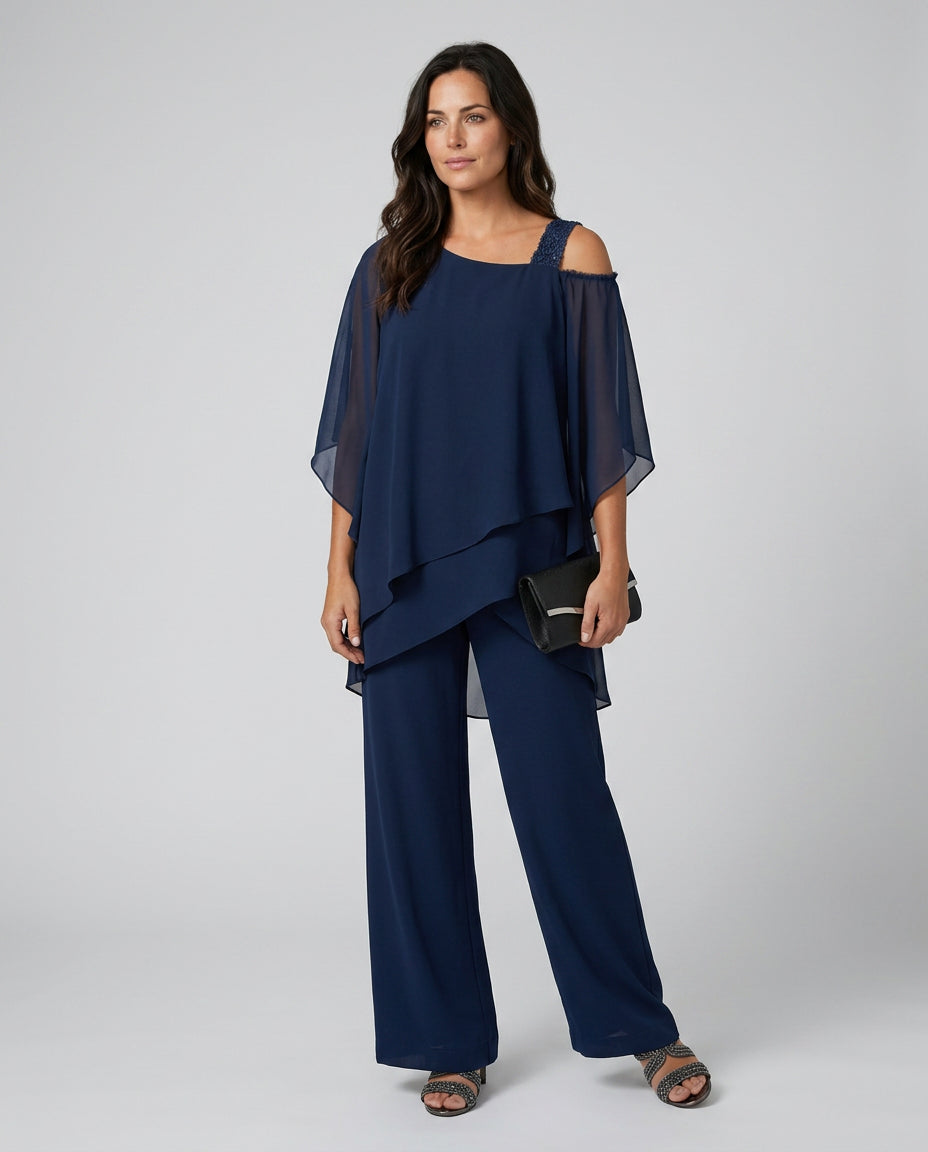 Petra | Women's Wide-Leg Elegant Two-Piece Cold Shoulder Jumpsuit with Straight-Leg Trousers — 1