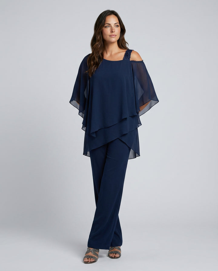 Petra | Women's Wide-Leg Elegant Two-Piece Cold Shoulder Jumpsuit with Straight-Leg Trousers — 3