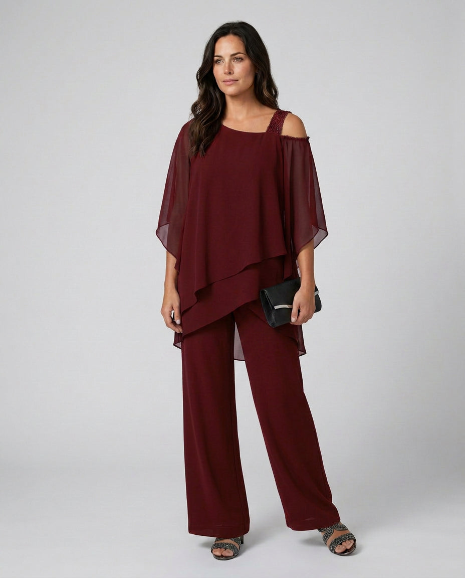 Petra | Women's Wide-Leg Elegant Two-Piece Cold Shoulder Jumpsuit with Straight-Leg Trousers — Burgundy