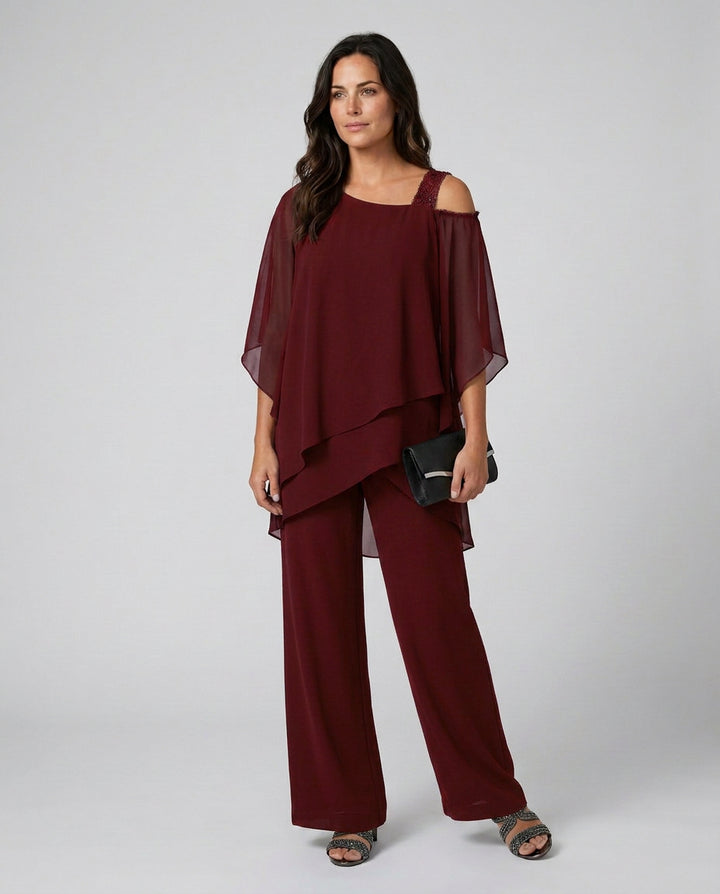 Petra | Women's Wide-Leg Elegant Two-Piece Cold Shoulder Jumpsuit with Straight-Leg Trousers — Burgundy