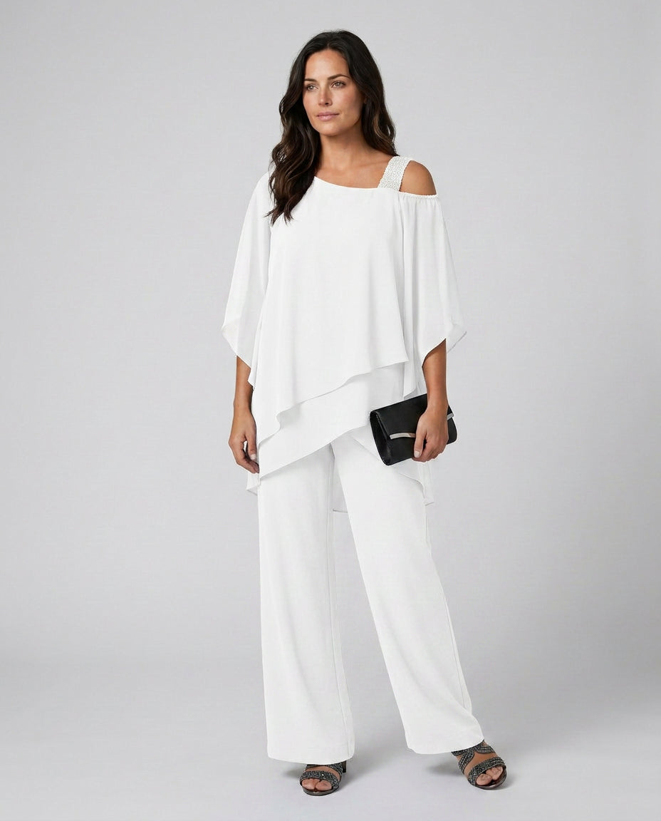Petra | Women's Wide-Leg Elegant Two-Piece Cold Shoulder Jumpsuit with Straight-Leg Trousers — White