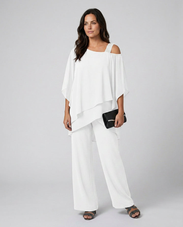 Petra | Women's Wide-Leg Elegant Two-Piece Cold Shoulder Jumpsuit with Straight-Leg Trousers — White