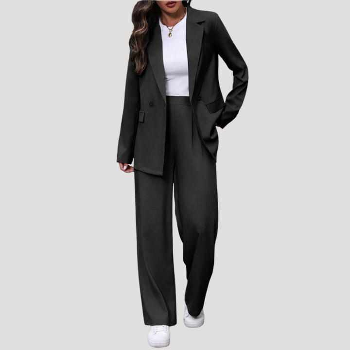 Petronella | Women's Tailored Single-Button Double Breasted Blazer Trouser Suit Set — Black