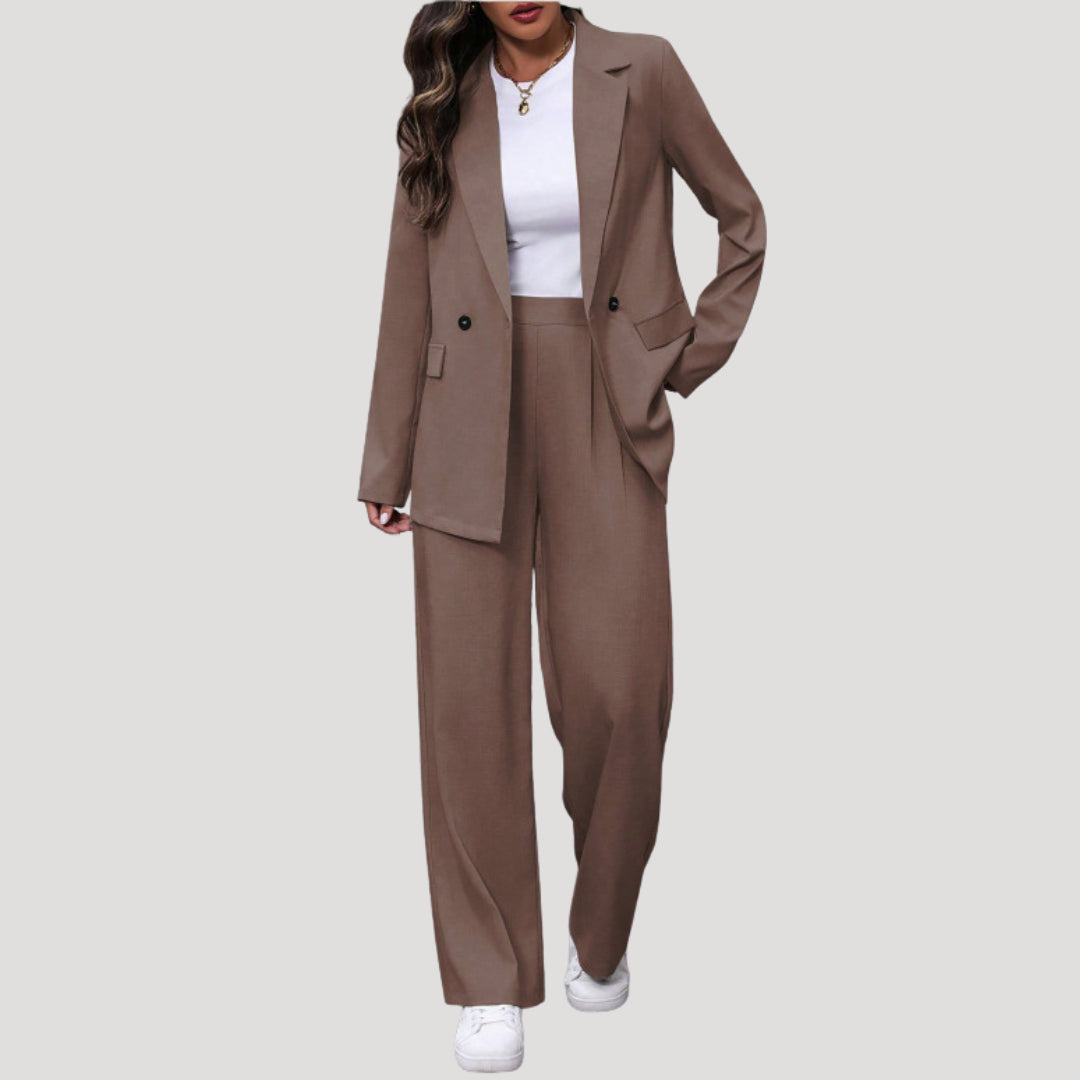Petronella | Women's Tailored Single-Button Double Breasted Blazer Trouser Suit Set — Brown