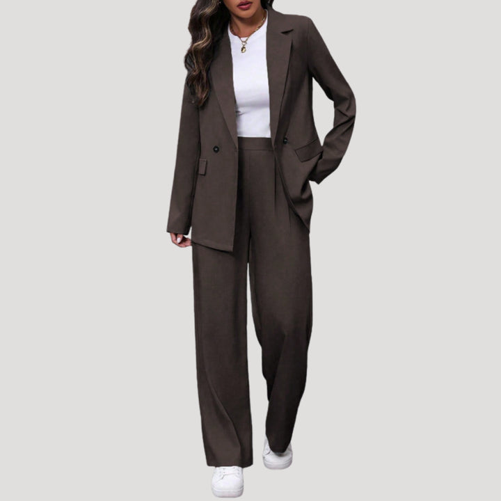 Petronella | Women's Tailored Single-Button Double Breasted Blazer Trouser Suit Set — Burgundy