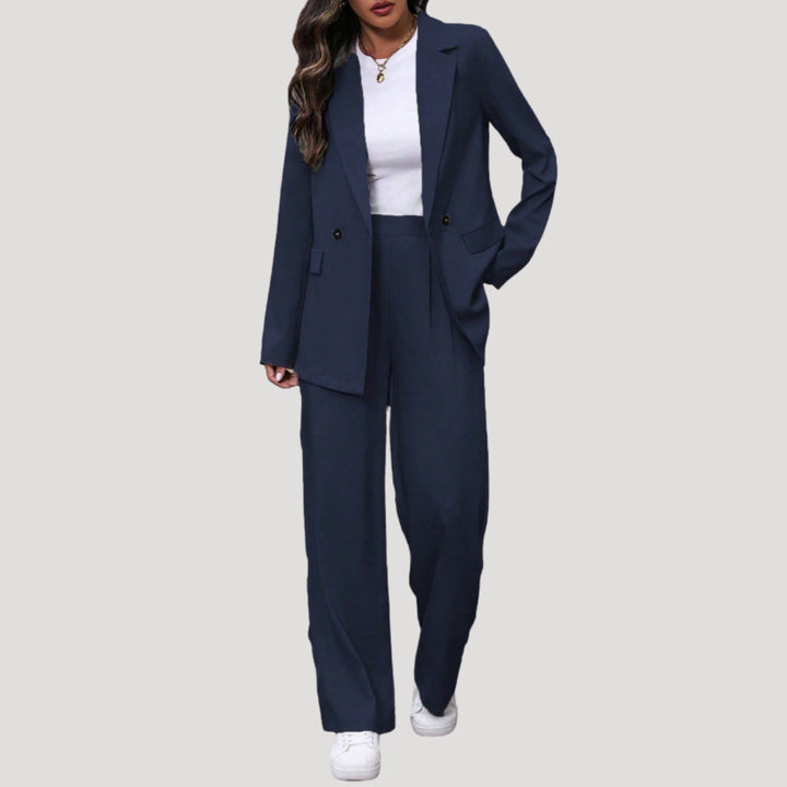 Petronella | Women's Tailored Single-Button Double Breasted Blazer Trouser Suit Set — Navy Blue