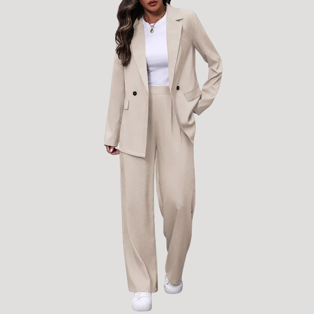 Petronella | Women's Tailored Single-Button Double Breasted Blazer Trouser Suit Set — White
