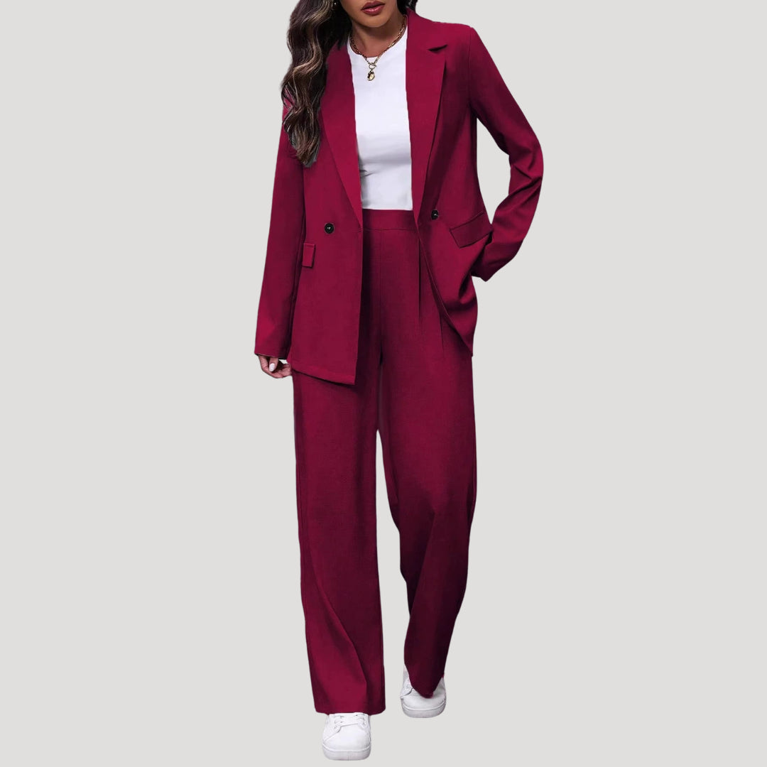 Petronella | Women's Tailored Single-Button Double Breasted Blazer Trouser Suit Set — Wine Red