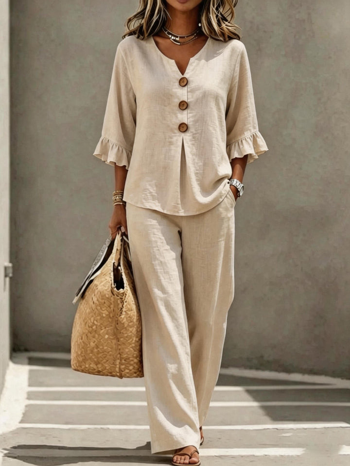 Prynara | Women's Matching Two Piece Set Linen Ruffle Sleeve Wide-Leg — Beige