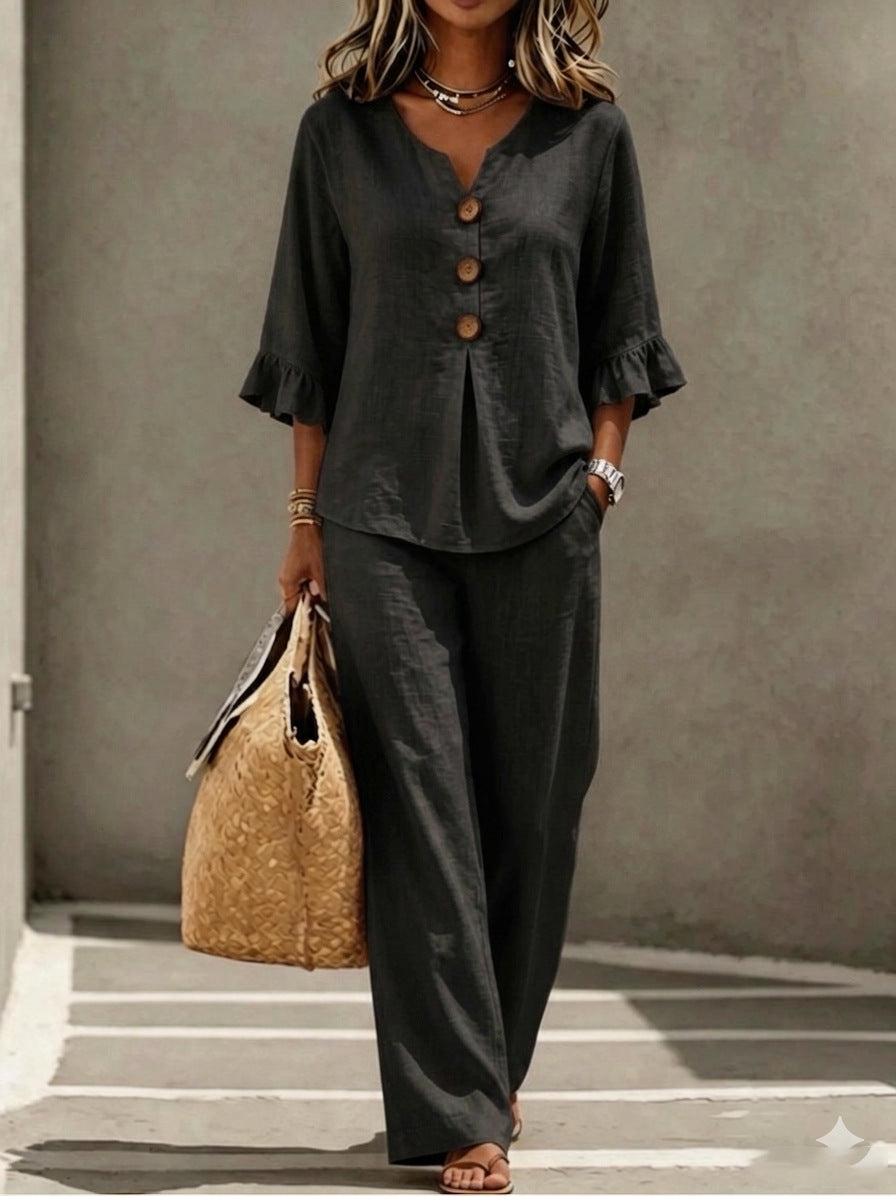 Prynara | Women's Matching Two Piece Set Linen Ruffle Sleeve Wide-Leg — Black