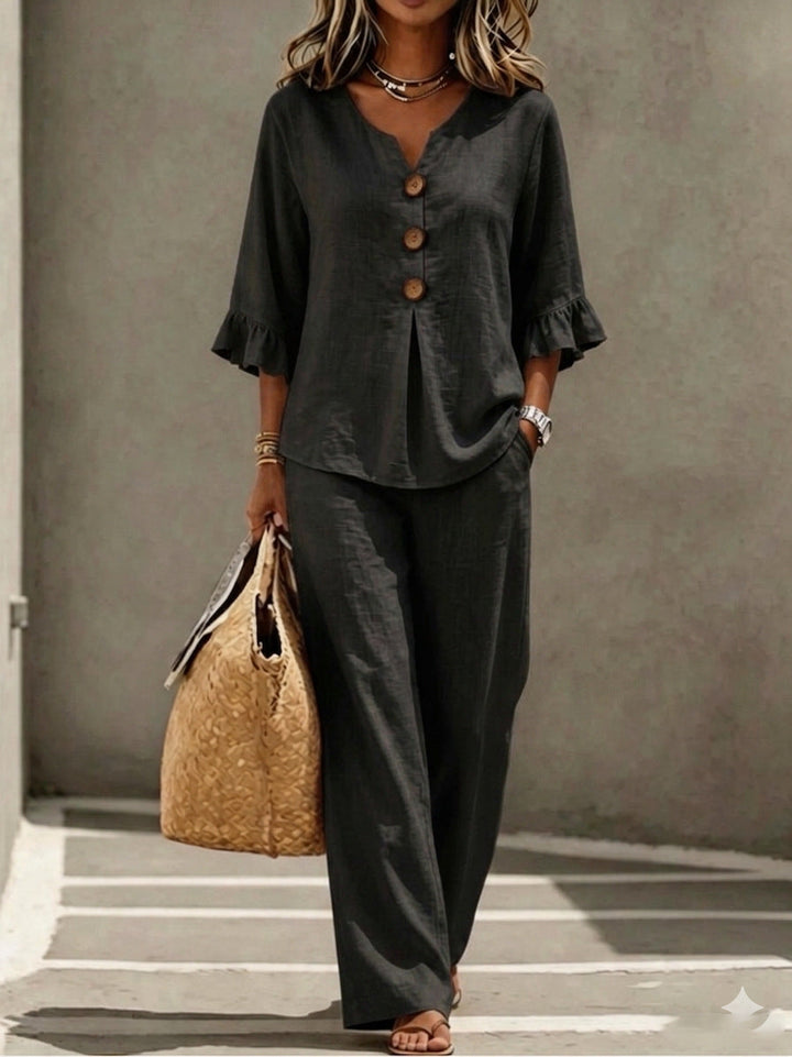 Prynara | Women's Matching Two Piece Set Linen Ruffle Sleeve Wide-Leg — Black