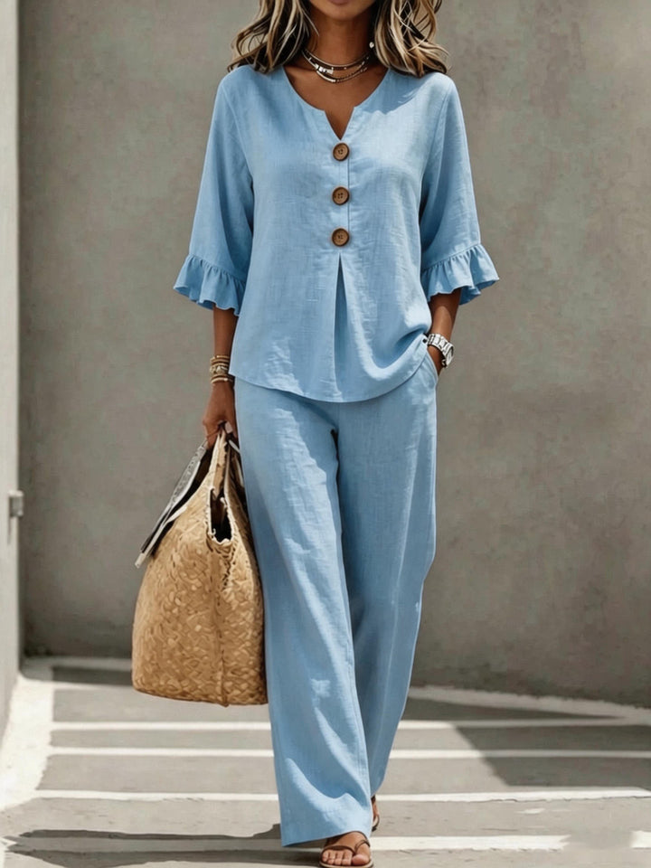 Prynara | Women's Matching Two Piece Set Linen Ruffle Sleeve Wide-Leg — 1