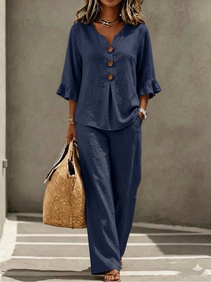 Prynara | Women's Matching Two Piece Set Linen Ruffle Sleeve Wide-Leg — 2