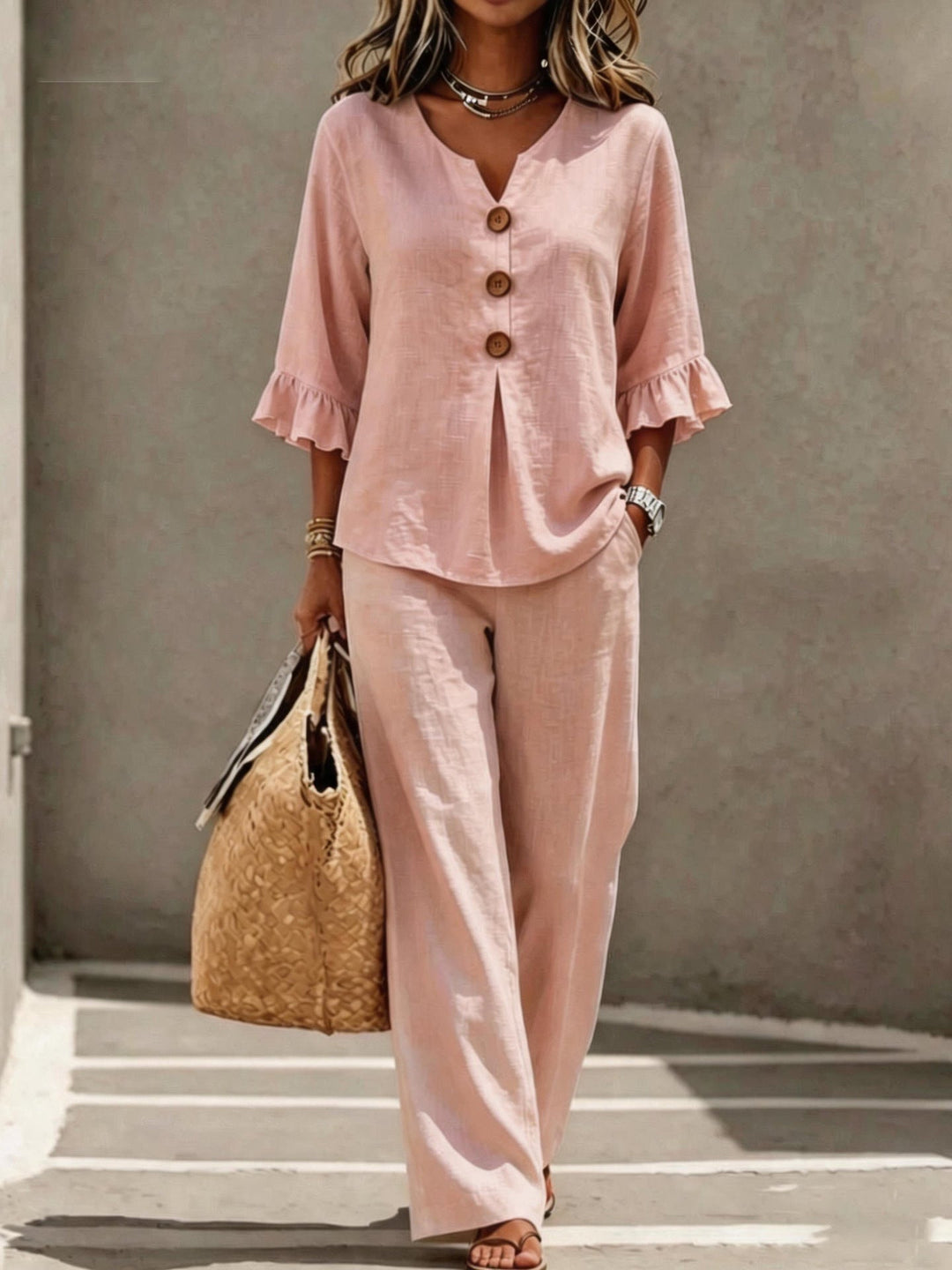 Prynara | Women's Matching Two Piece Set Linen Ruffle Sleeve Wide-Leg — Pink